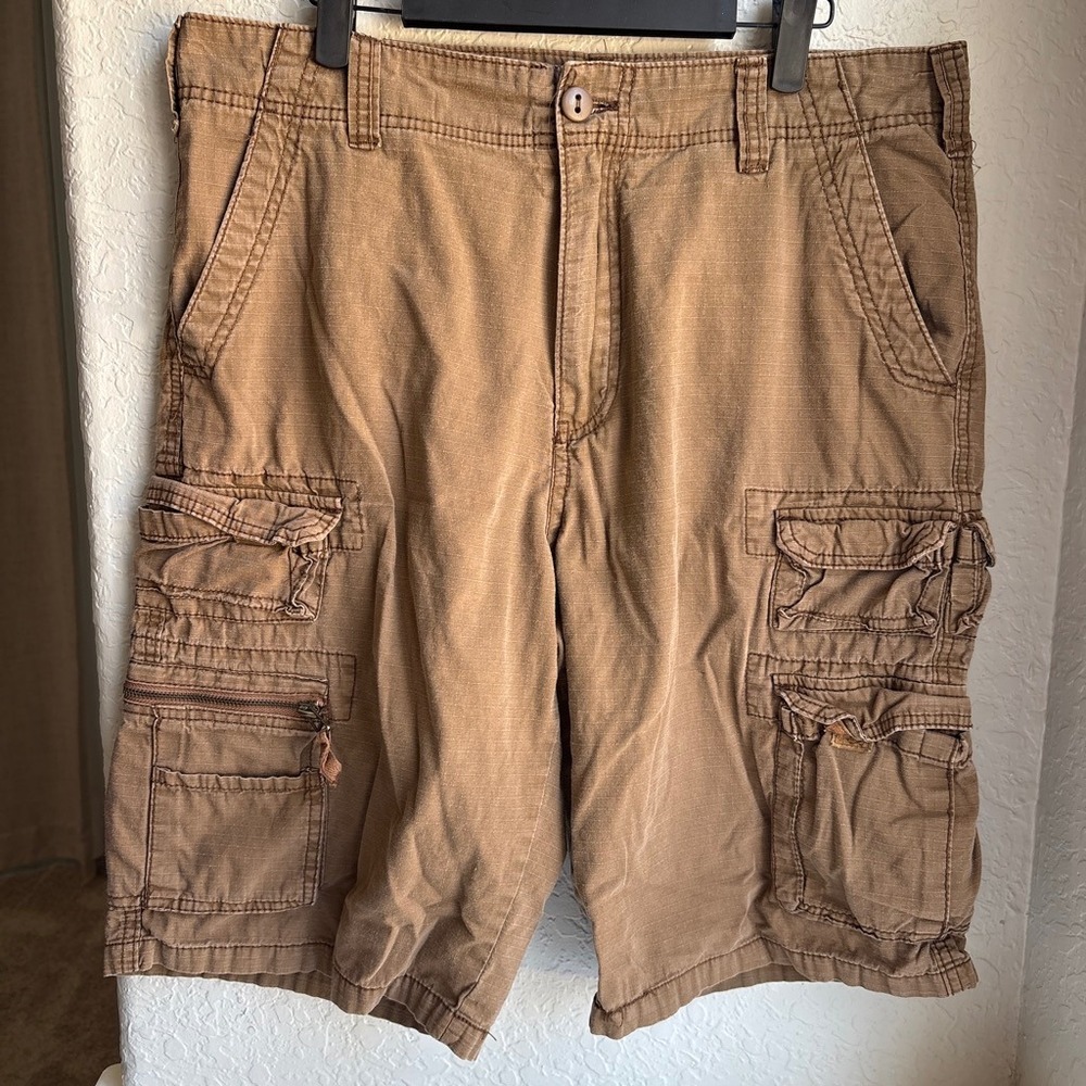 Plugg Ripstop Y2K Men 33 Cargo Shorts Brown Multi-Pocket Utility Outdoor Cotton